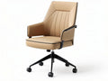 Mid-century modern home office chair with beige faux leather upholstery and swivel base
