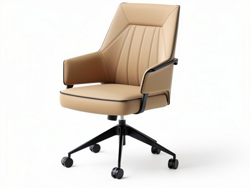 Mid-century modern home office chair with beige faux leather upholstery and swivel base