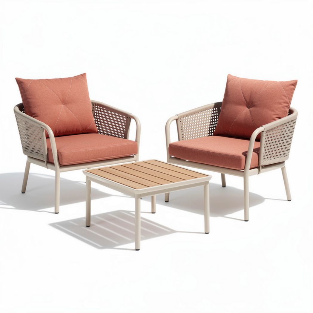 Outdoor patio seating set with rust-resistant metal frame and coral cushions