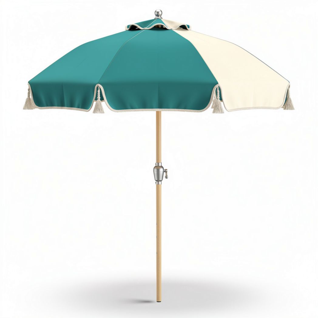 Beach umbrella with teal and cream canopy wooden pole 200 x 200 x 250cm