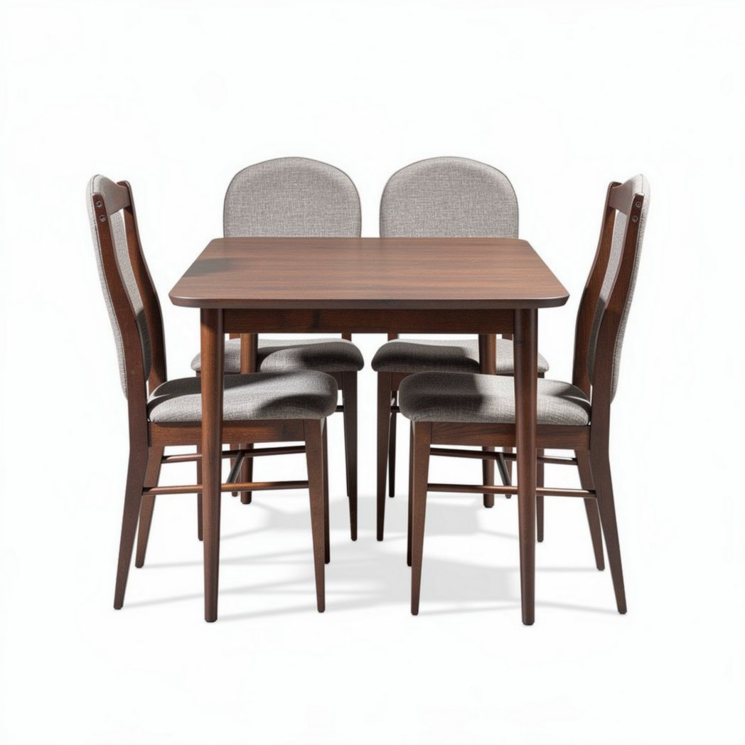 Wooden dining table set with grey upholstered chairs for home use 150 x 90 x 75cm