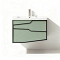 Wall-mounted bathroom vanity with green frosted glass and black frame 32 x 20 x 18 inches