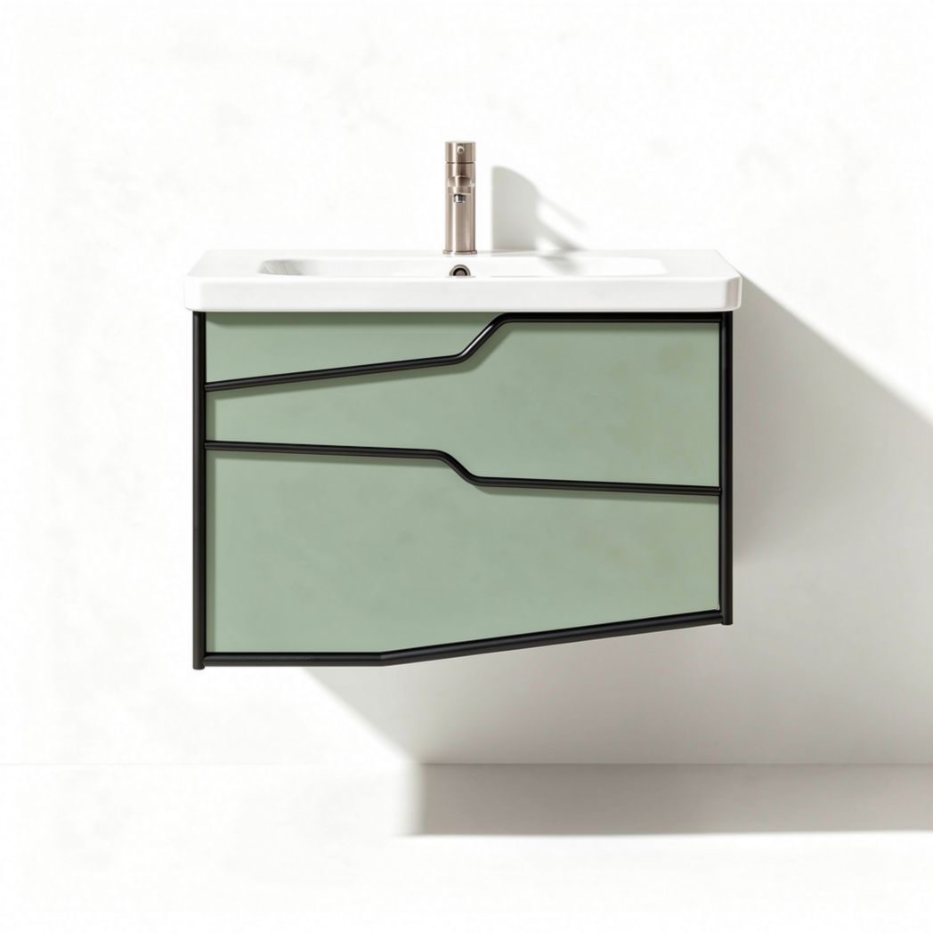 Wall-mounted bathroom vanity with green frosted glass and black frame 32 x 20 x 18 inches
