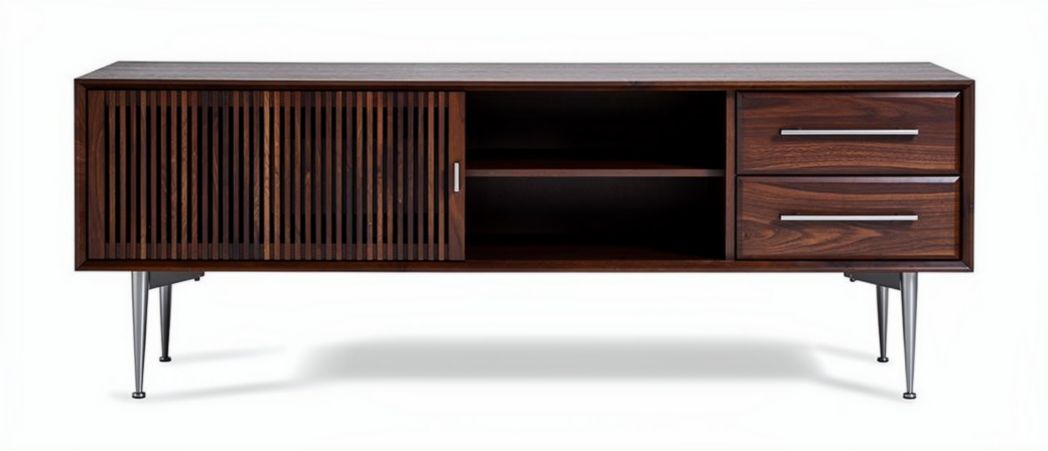Wooden media console table with storage compartments and metal legs 150 x 40 x 50cm