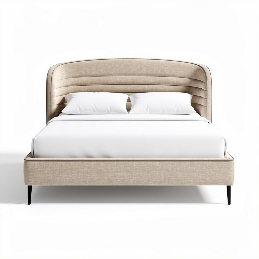 Upholstered bed frame in beige with curved headboard and minimalist design 200 x 160 x 100cm
