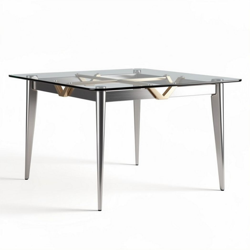Square glass dining table with metal legs and gold accents 120 x 120 x 75cm