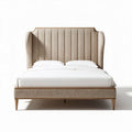 Upholstered twin size bed frame with wingback headboard in beige fabric