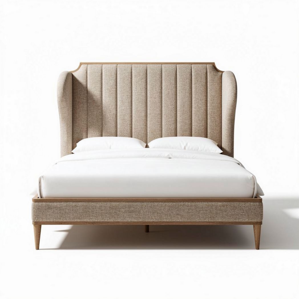Upholstered twin size bed frame with wingback headboard in beige fabric