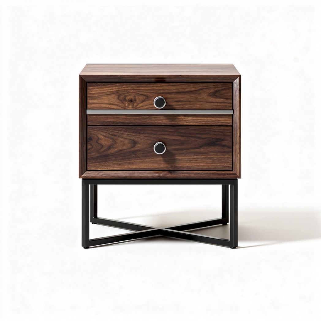 Wooden nightstand with two drawers and metal legs in walnut finish 50 x 40 x 60cm