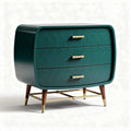 Green geometric patterned wood nightstand with three drawers and gold legs 50 x 40 x 30cm